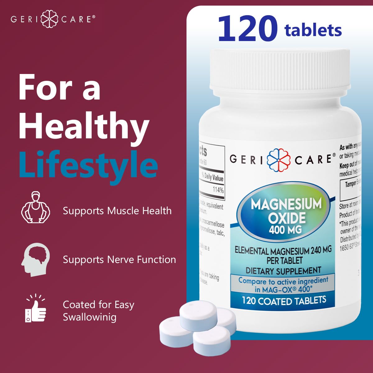 GeriCare magnesium oxide bottle with glass of water ready for daily hydration.