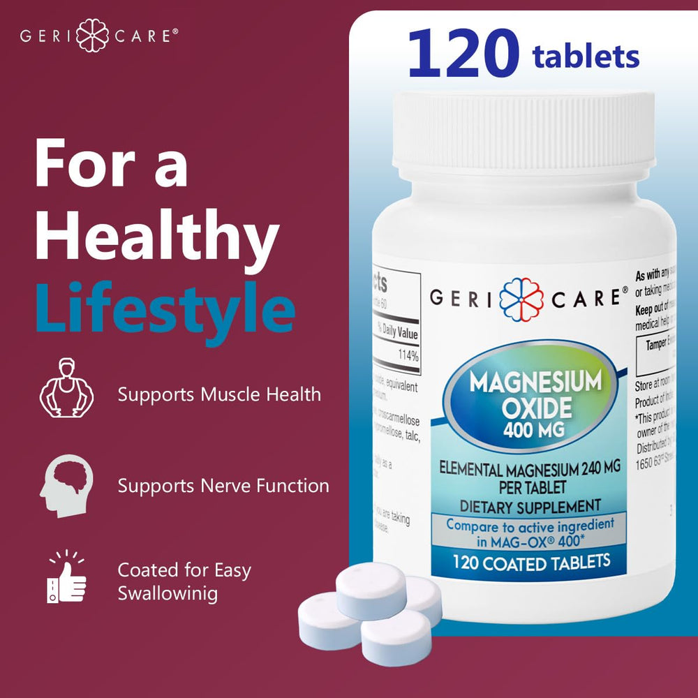 GeriCare magnesium oxide bottle with glass of water ready for daily hydration.