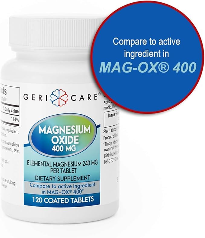GeriCare Magnesium Oxide close-up evokes digestive comfort and regularity.
