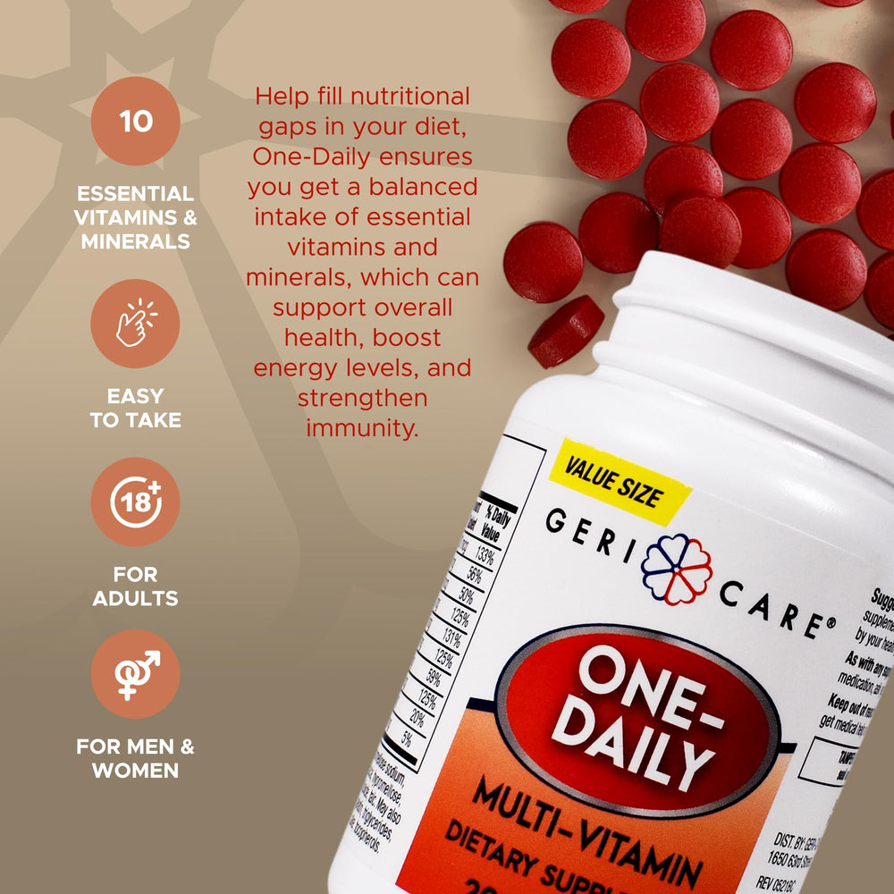 Close-up of GeriCare tablets showing easy-to-swallow design for adults.