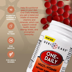 Close-up of GeriCare tablets showing easy-to-swallow design for adults.