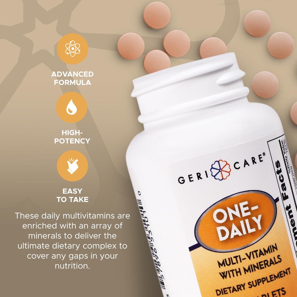 GeriCare multivitamin label front displaying essential vitamins and minerals for wellness.