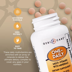 GeriCare multivitamin label front displaying essential vitamins and minerals for wellness.