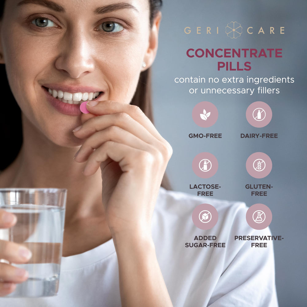 GeriCare non-GMO cranberry tablets on a clean kitchen surface.