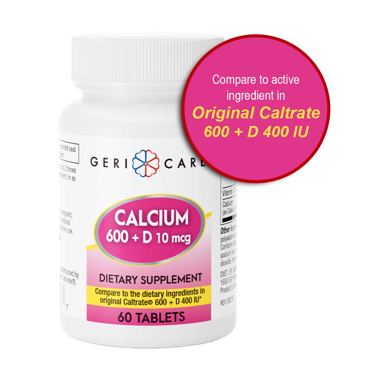 GeriCare nutrition facts panel close-up showing calcium and vitamin D.