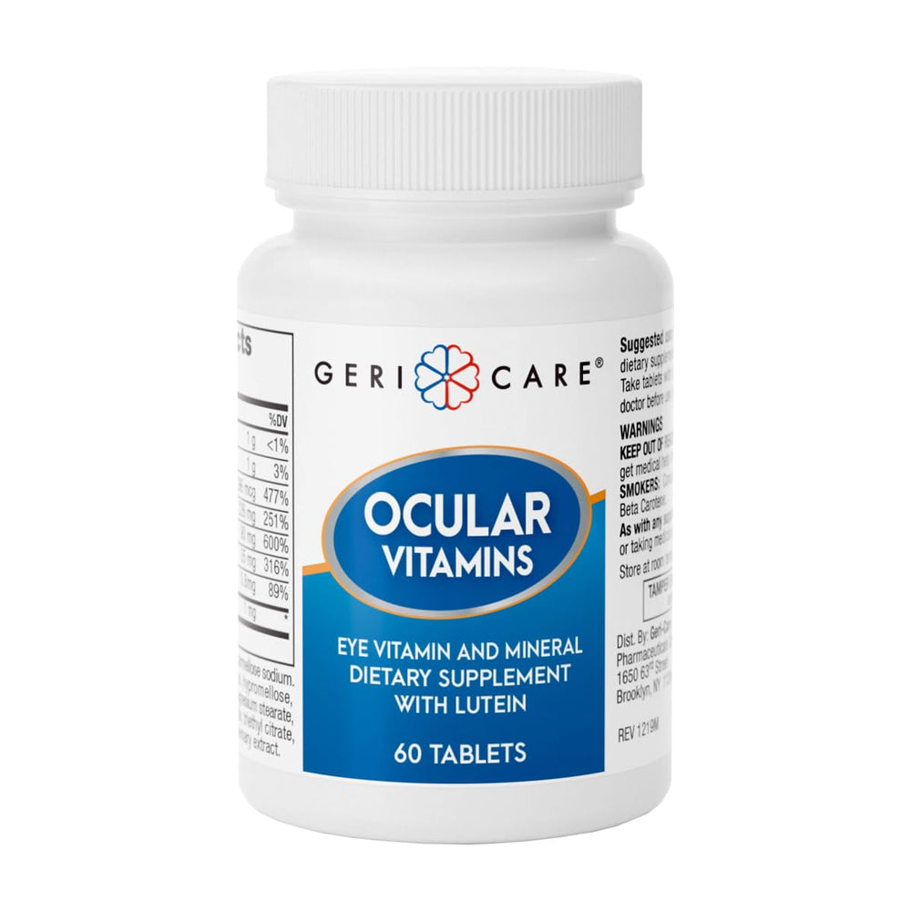 GeriCare ocular vitamins bottle on a clean counter for daily eye health.