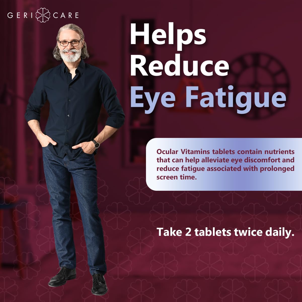 GeriCare ocular vitamins on a desk during work or study.