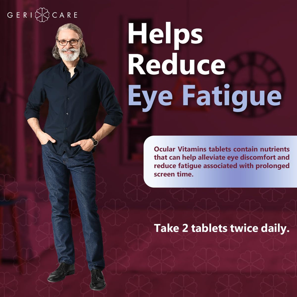 GeriCare ocular vitamins on a desk during work or study.