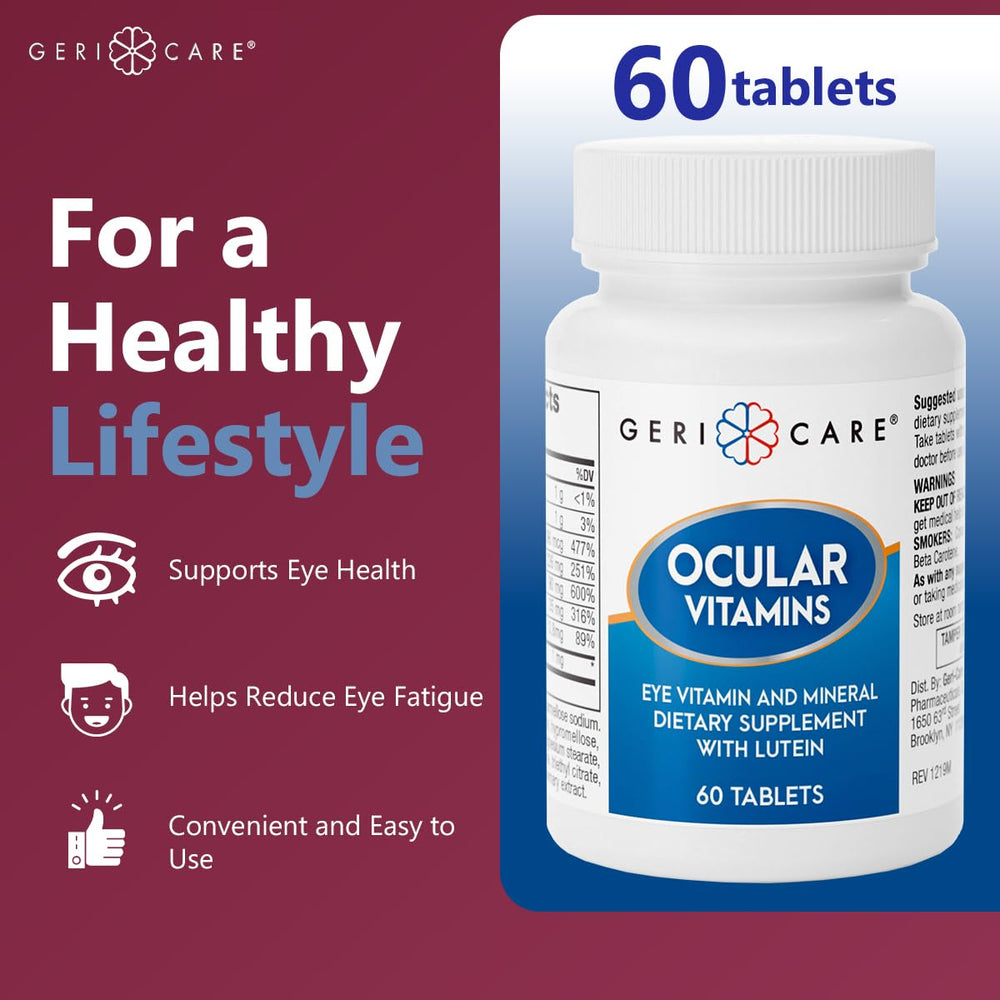 Close-up of GeriCare ocular vitamins label showing lutein and minerals for eye support.