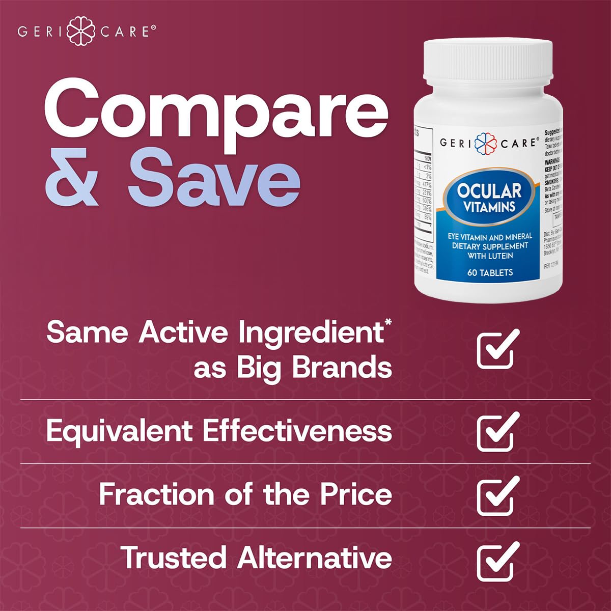 GeriCare ocular vitamins packaging and bottle designed for convenient routine.