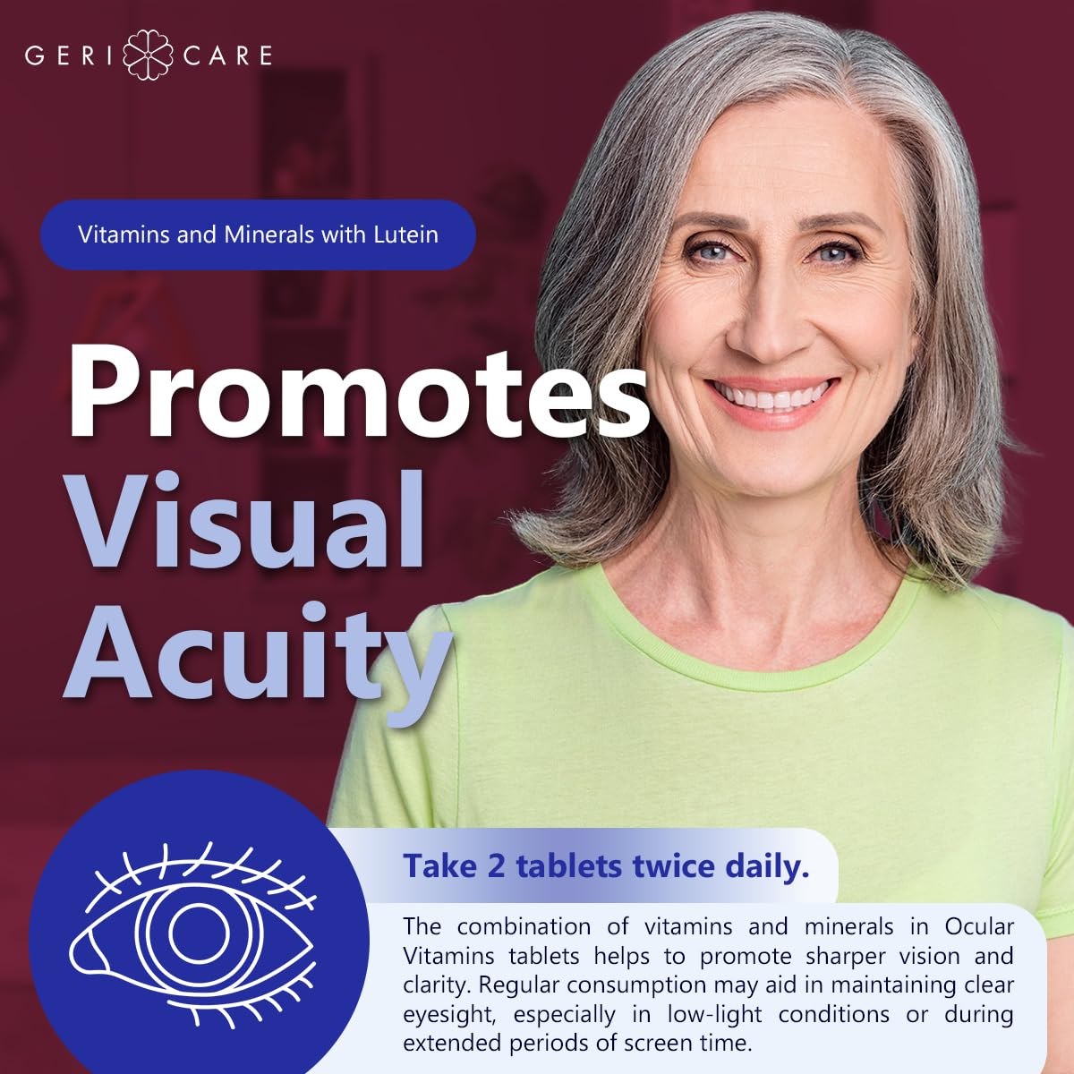 Glass of water beside GeriCare ocular vitamins for daily intake.