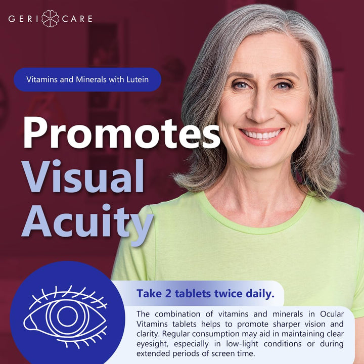 Glass of water beside GeriCare ocular vitamins for daily intake.