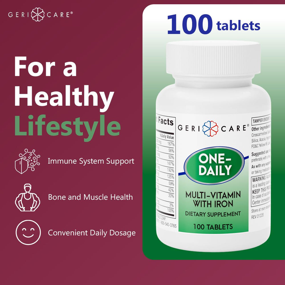 GeriCare One-Daily bottle pours, showing easy daily tablet intake.