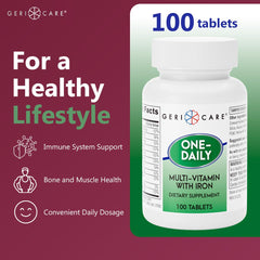 GeriCare One-Daily bottle pours, showing easy daily tablet intake.
