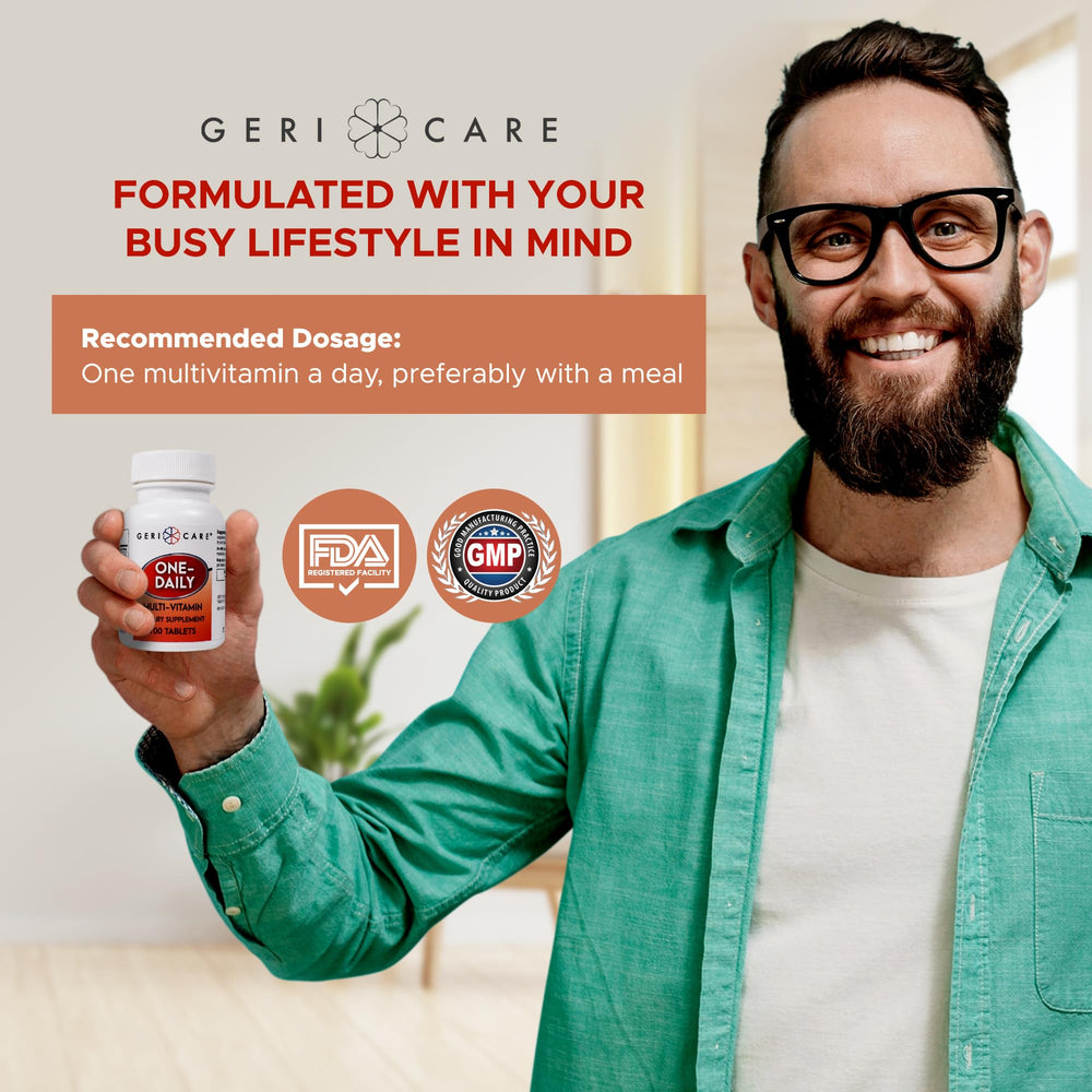 GeriCare One-Daily daily-use scene with supplements on a kitchen counter.