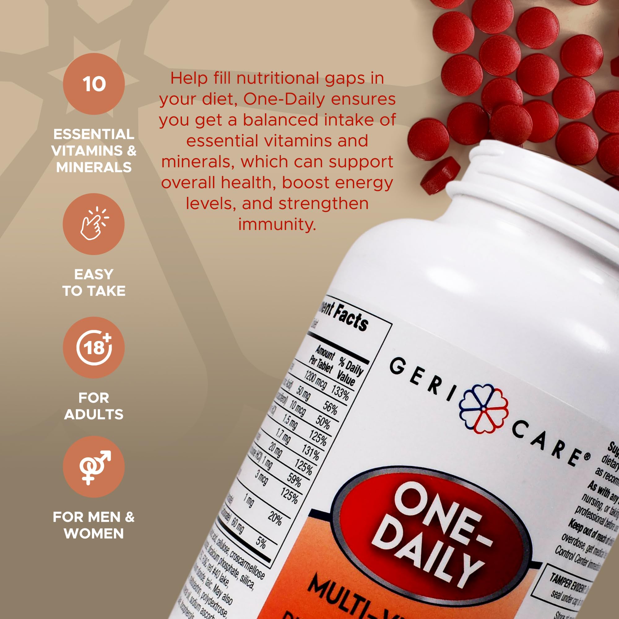 GeriCare One-Daily label close-up showing nutrition information.