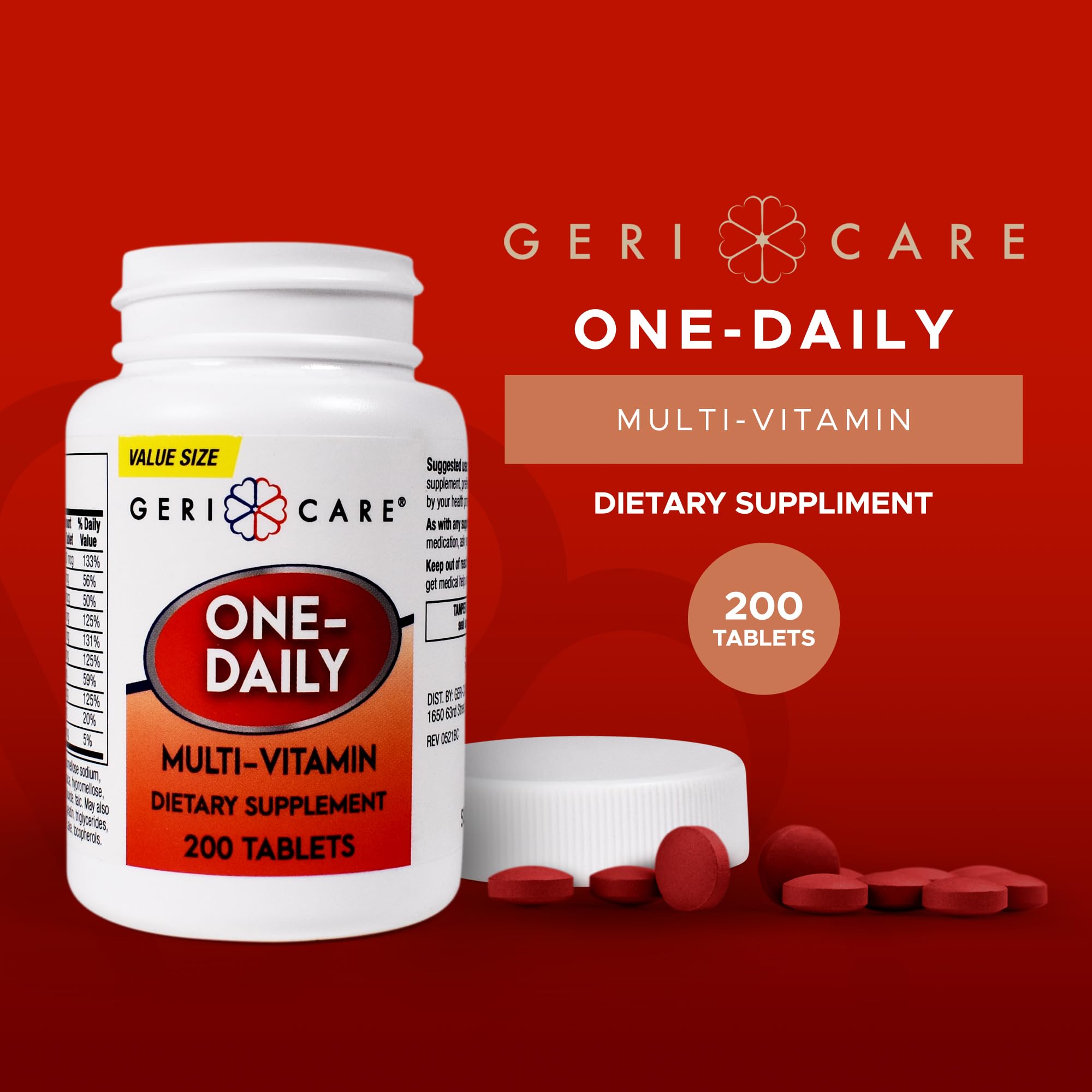 GeriCare One-Daily bottle back showing nutrients and serving size information.