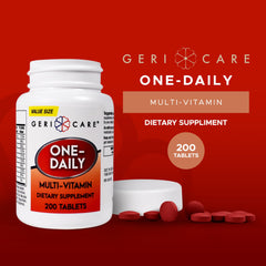 GeriCare One-Daily bottle back showing nutrients and serving size information.