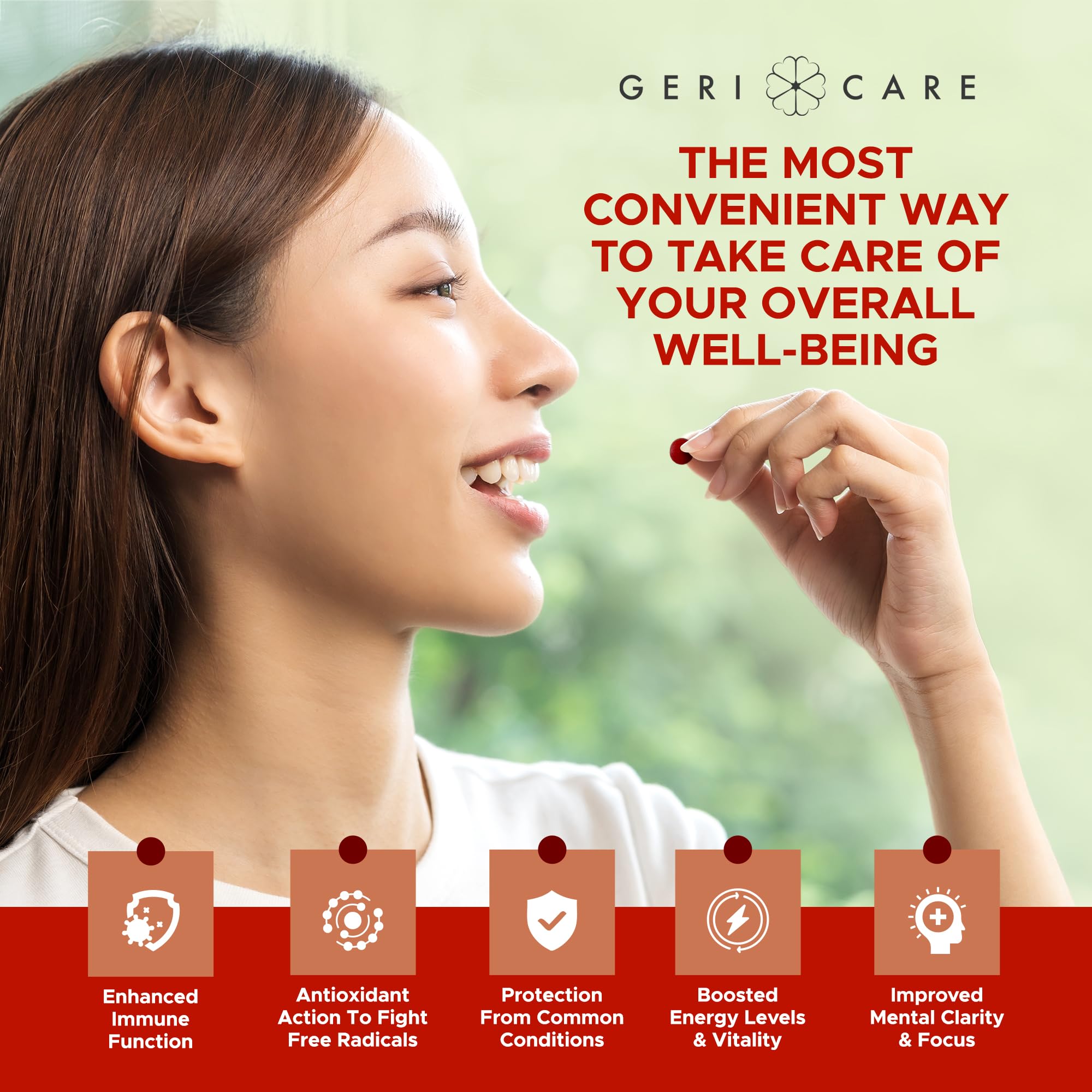 GeriCare One-Daily tablets close-up reveal pill texture and compact size.