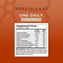 GeriCare One-Daily tablets close-up, easy-to-swallow design.