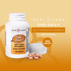 GeriCare One-Daily tablets close-up highlighting compact daily energy support.