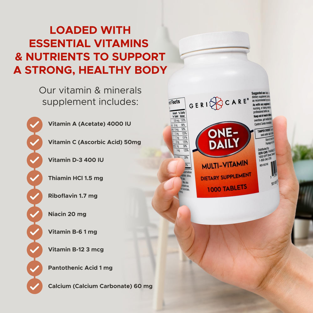 GeriCare One-Daily tablets in hand, ready for daily use.