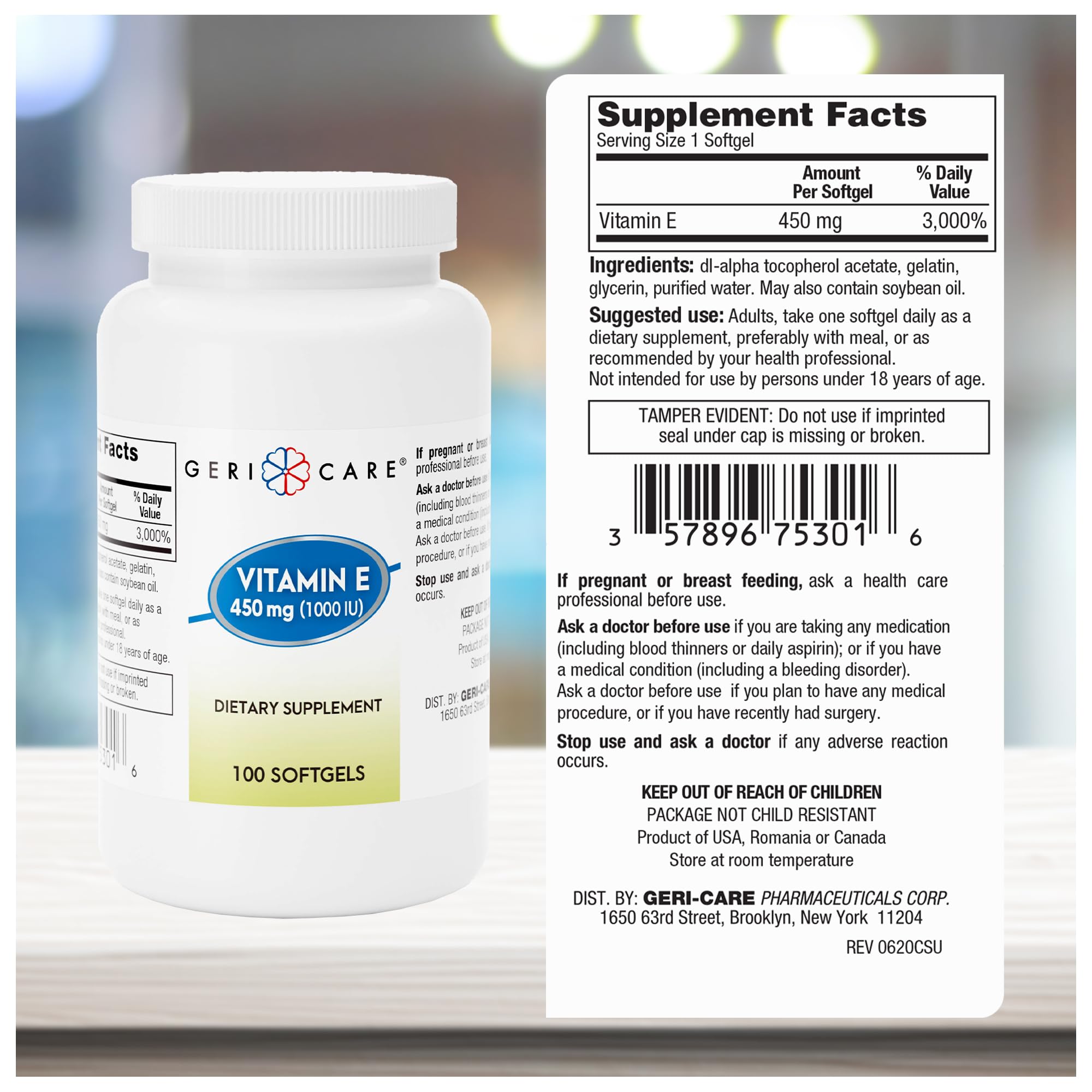 GeriCare organic vitamin E softgels label for natural option.