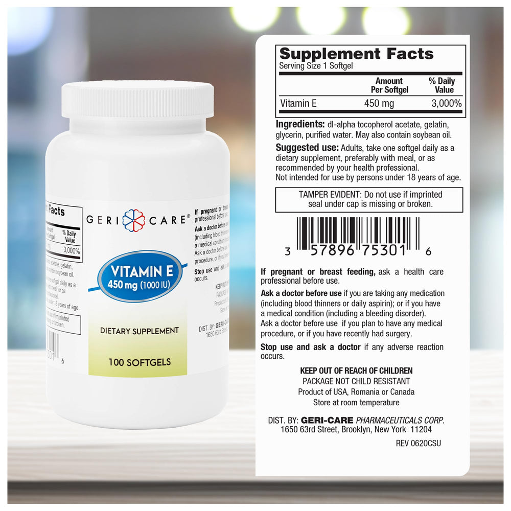 GeriCare organic vitamin E softgels label for natural option.