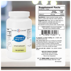 GeriCare organic vitamin E softgels label for natural option.
