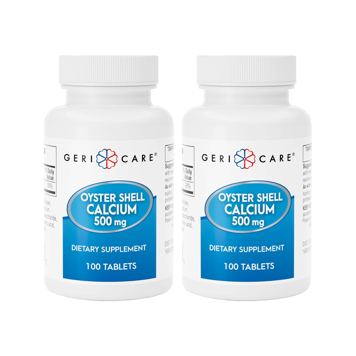 GeriCare Oyster Shell Calcium bottle front view showing easy-to-swallow tablets for bone support and dental health