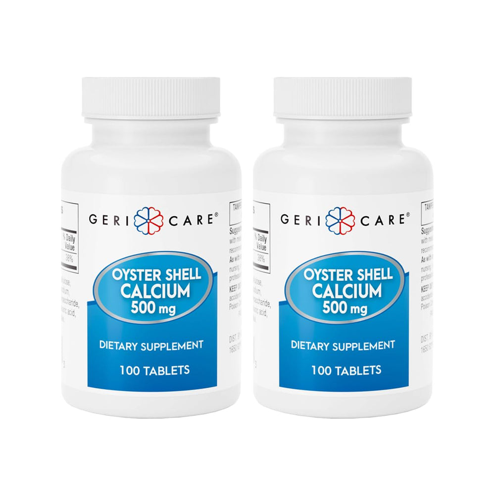 GeriCare Oyster Shell Calcium bottle front view showing easy-to-swallow tablets for bone support and dental health