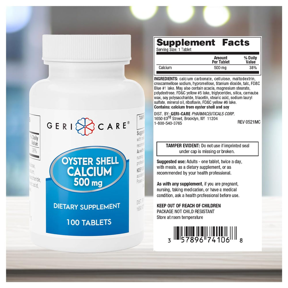 GeriCare Oyster Shell Calcium bottle on a kitchen counter beside a glass of water illustrating easy daily routine