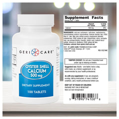 GeriCare Oyster Shell Calcium bottle on a kitchen counter beside a glass of water illustrating easy daily routine