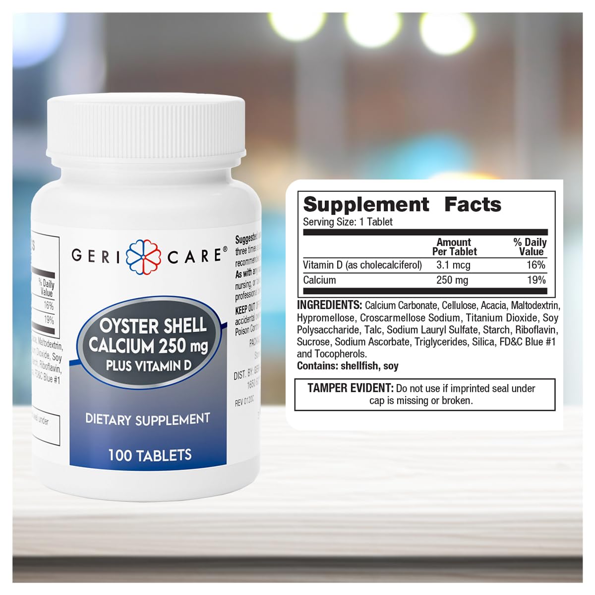 GeriCare bottle label highlighting calcium and vitamin D benefits