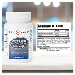 GeriCare bottle label highlighting calcium and vitamin D benefits