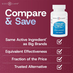 GeriCare Oyster Shell Calcium packaging with label details highlighting purity and quality assurance