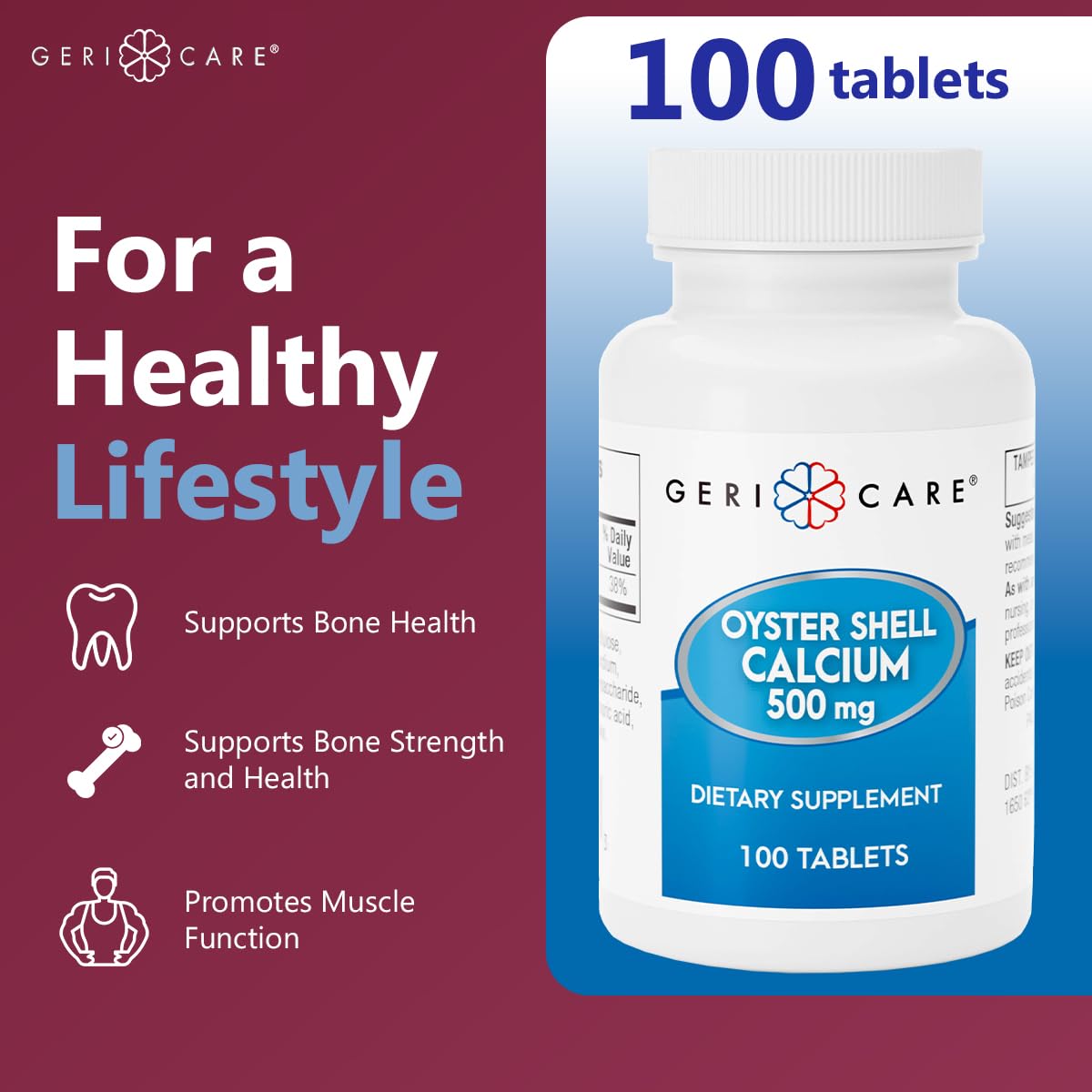 GeriCare Oyster Shell Calcium tablets close-up highlighting smooth texture for comfortable daily calcium intake supporting bone health