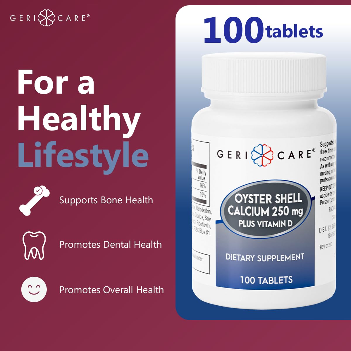 GeriCare oyster shell calcium tablets pack displaying 250mg and 125IU vitamin D