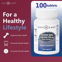 GeriCare oyster shell calcium tablets pack displaying 250mg and 125IU vitamin D