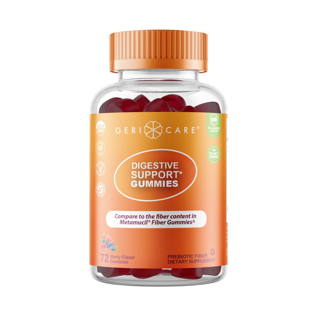 GeriCare berry-flavored prebiotic gummies in a bottle for digestion support.