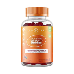 GeriCare berry-flavored prebiotic gummies in a bottle for digestion support.