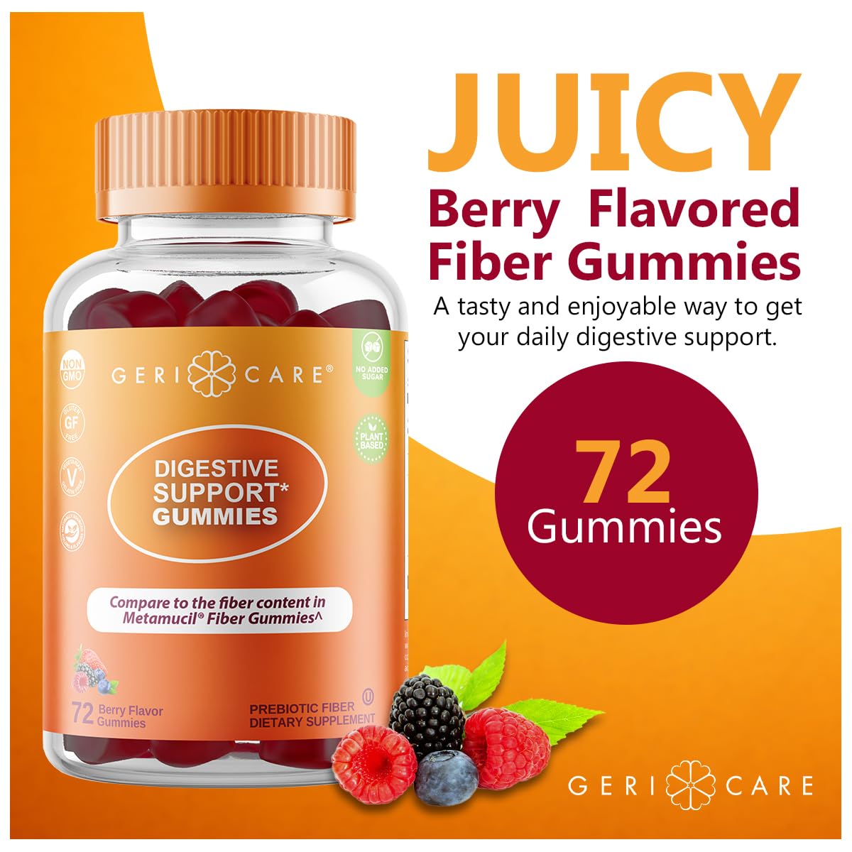 GeriCare gummies close-up highlighting plant-based fiber for regularity.