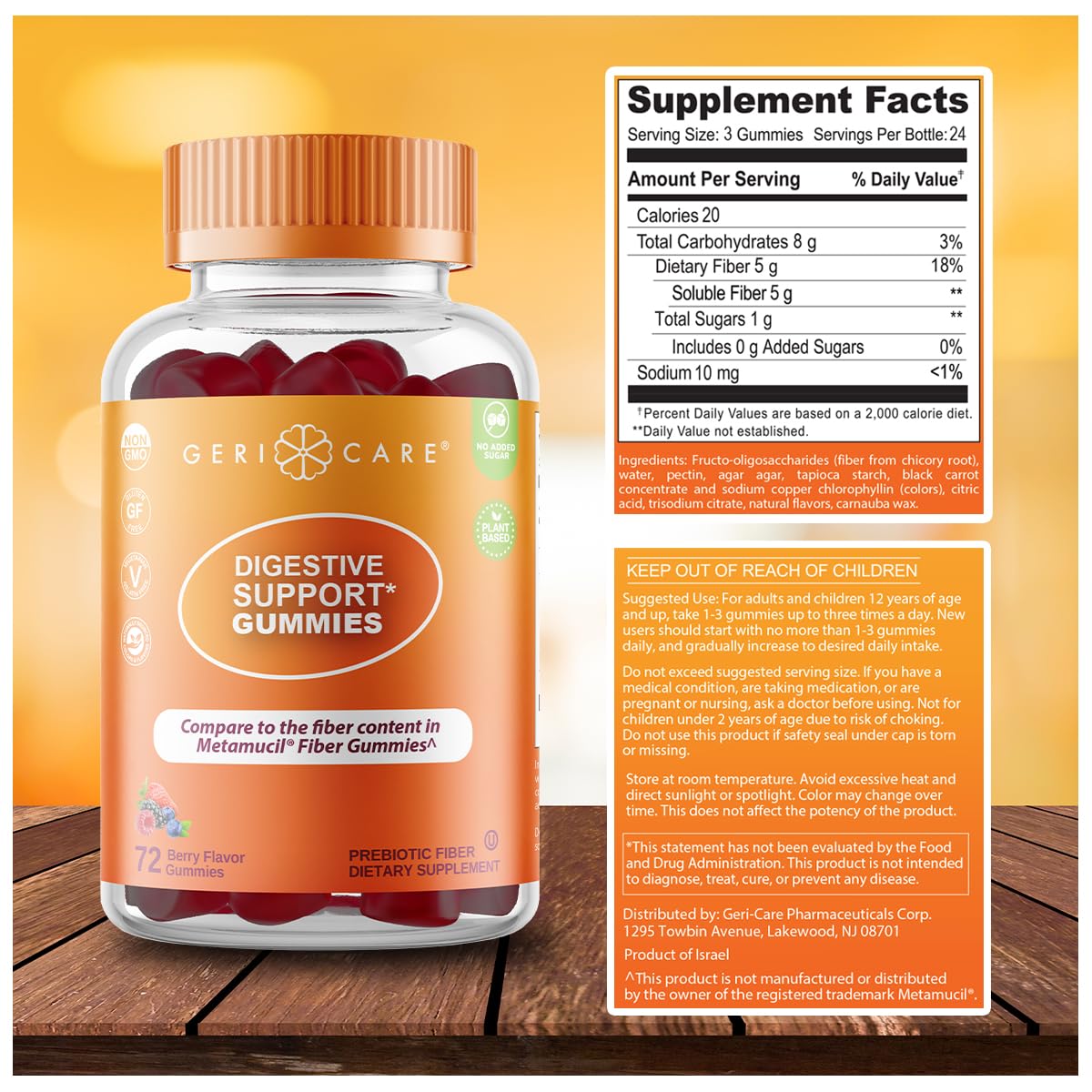 GeriCare label notes non-GMO berry-flavored gummies for daily use.