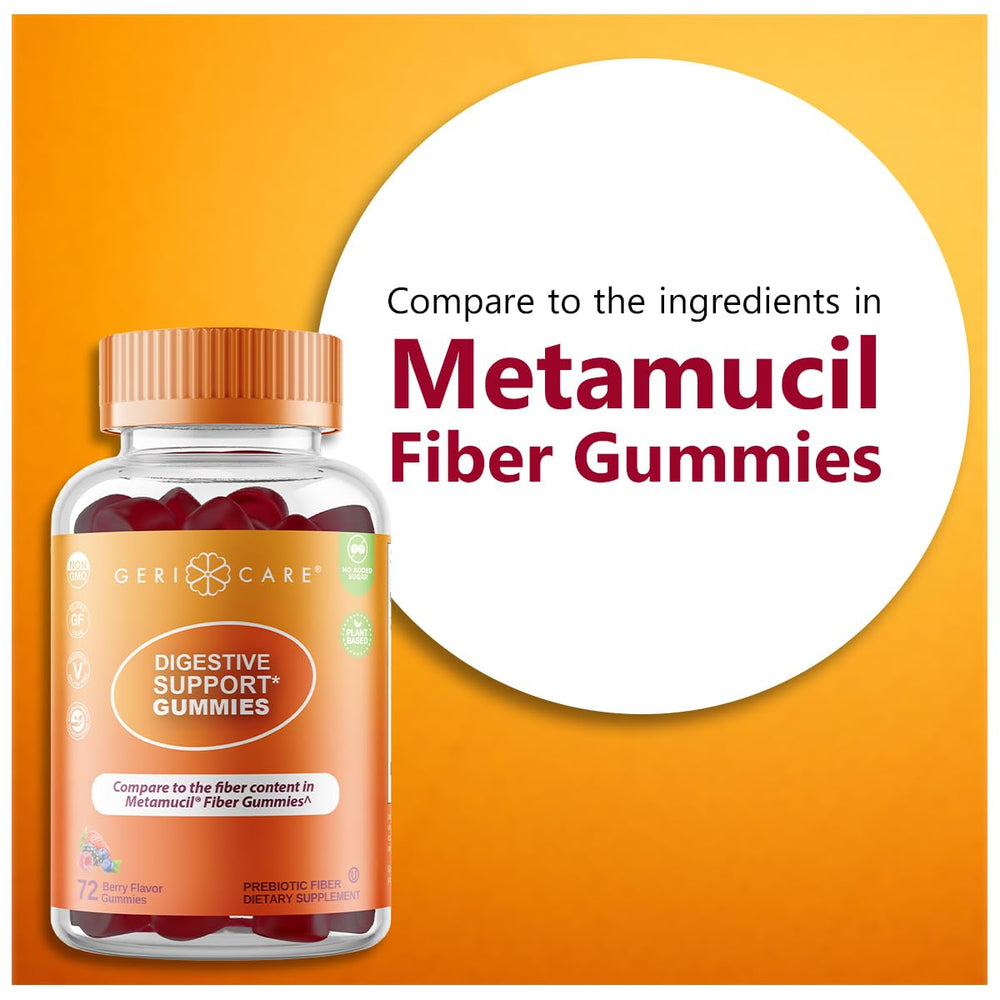 GeriCare prebiotic gummies packaging showing gluten-free, vegan formula.