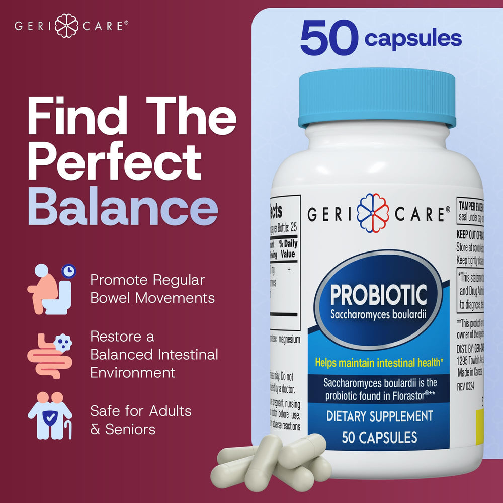 GeriCare S. Boulardii probiotic bottle back showing usage and ingredients