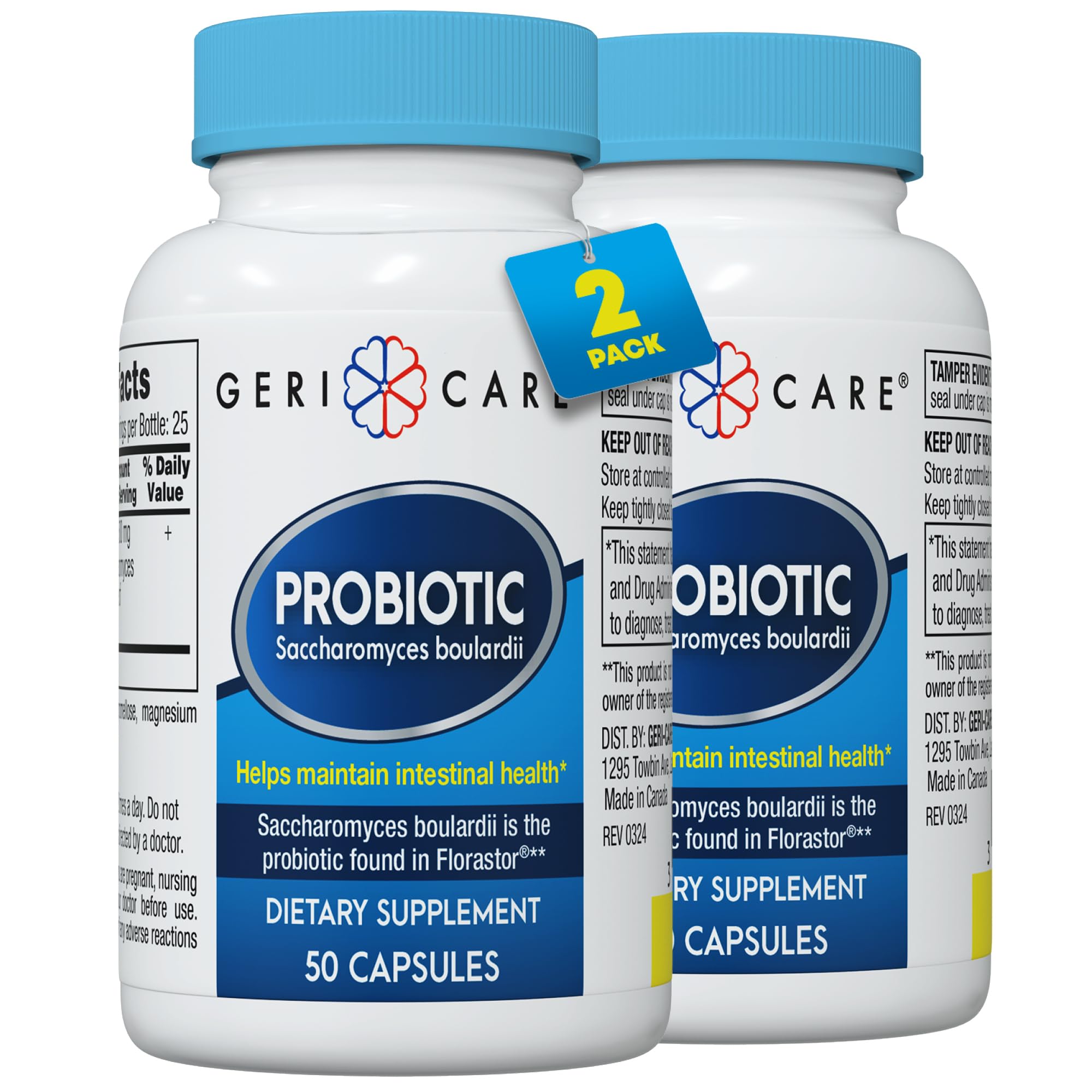 GeriCare S. Boulardii probiotic bottle front with clear label for gut support