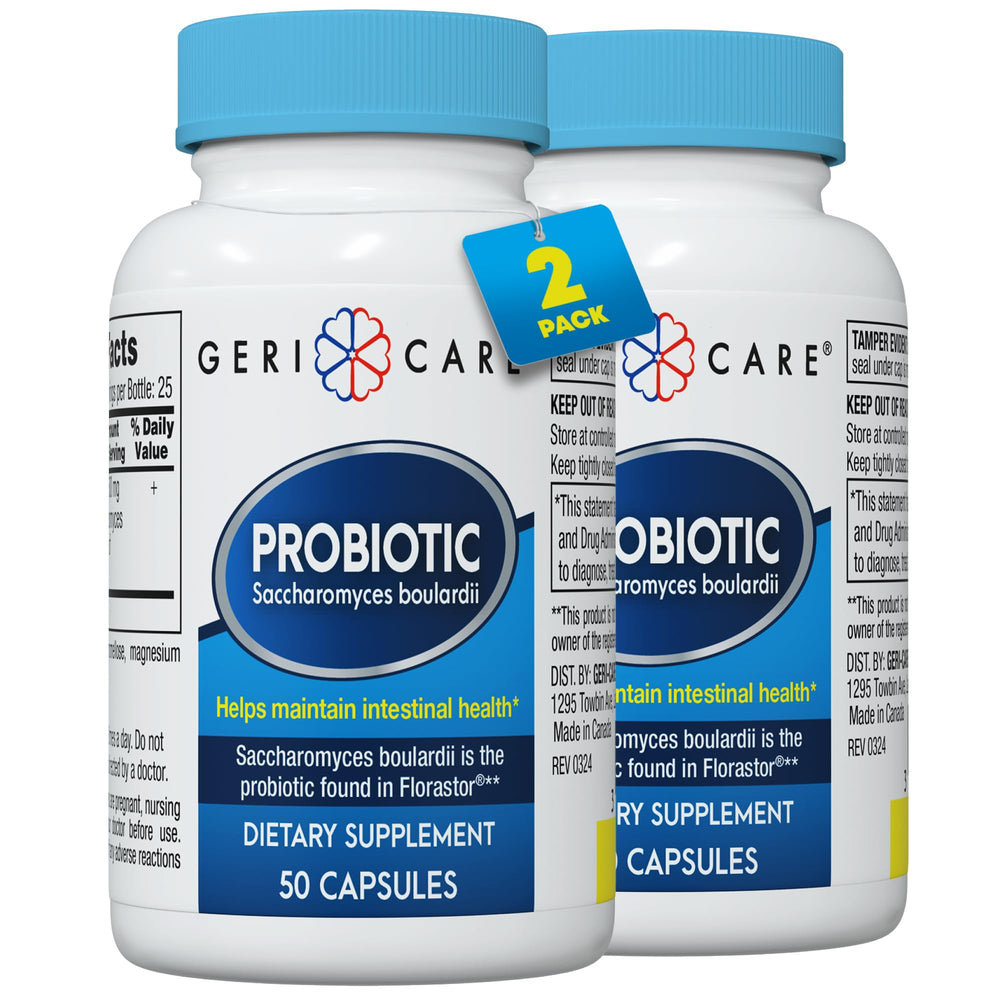 GeriCare S. Boulardii probiotic bottle front with clear label for gut support
