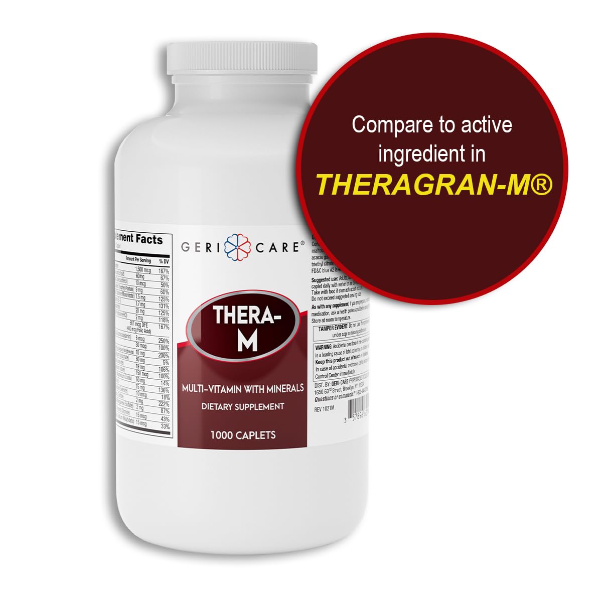 GeriCare Thera M bottle label visible with ingredient list and recommended daily use