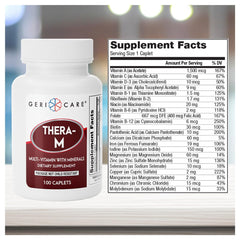 GeriCare Thera M bottle nutrition label highlights essential vitamins and minerals.