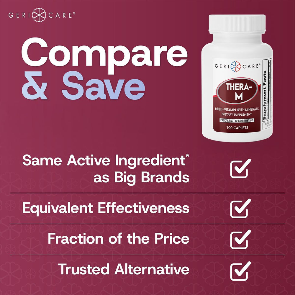 GeriCare Thera M ingredients panel emphasizes antioxidants and energy-supporting vitamins.